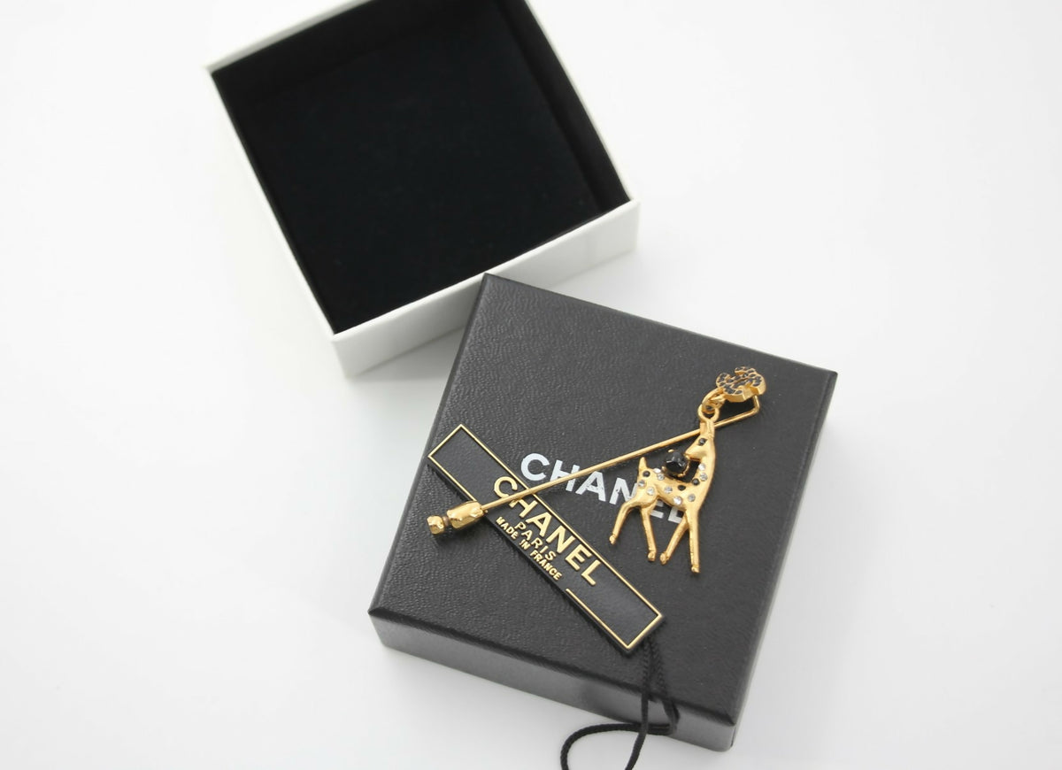 Chanel Vintage 01A Rhinestone Gold Plated Deer Brooch