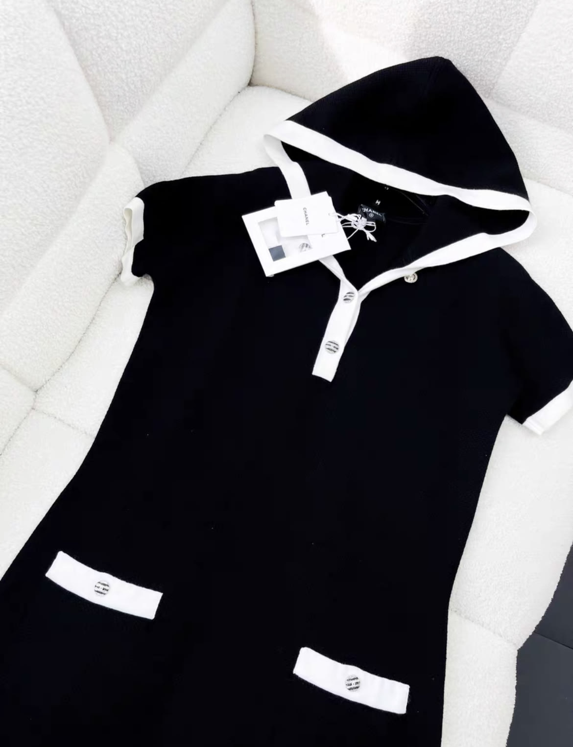 Chanel 24C black and white knitted hoodie dress