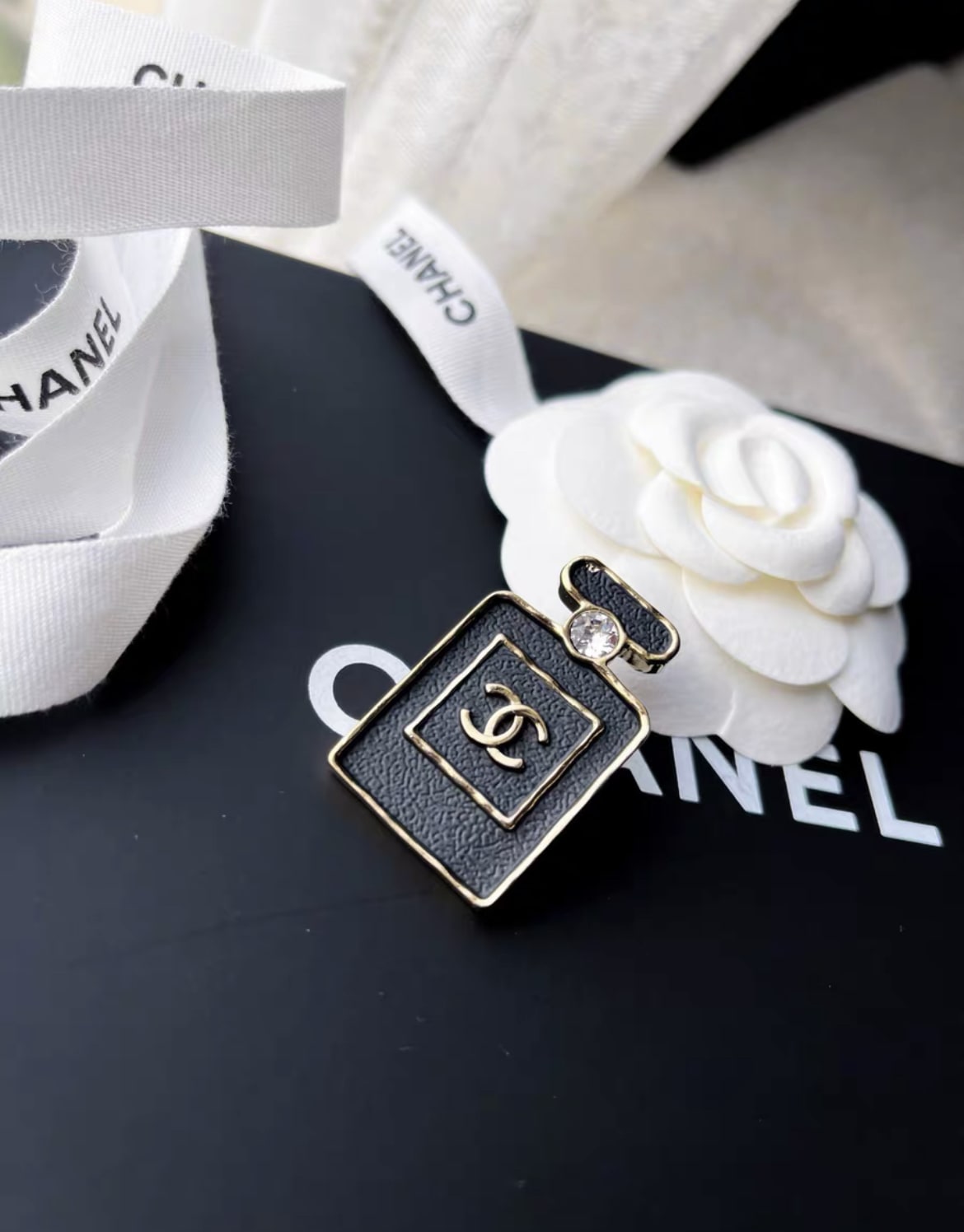 Chanel 23S Gold Leather Diamond Perfume Bottle Brooch