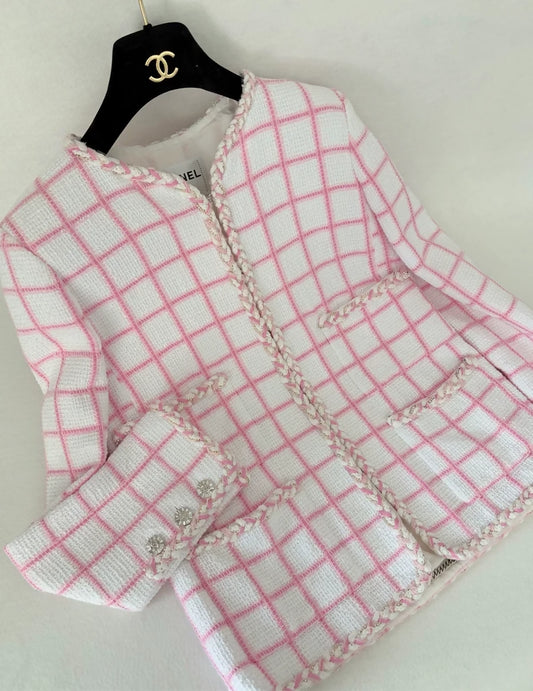 Chanel 23C Pink and White Check Tweed Jacket
