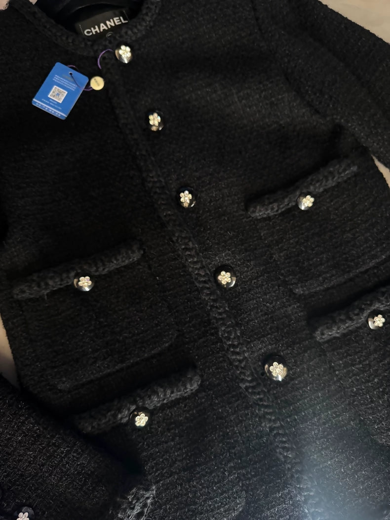 Chanel 23K Camellia Embroidered Four-Pocket Black tweed Jacket