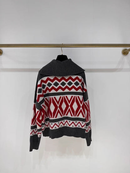 Brunello Cucinello Red Jacquard Half-Zip Cashmere Knit Sweater,