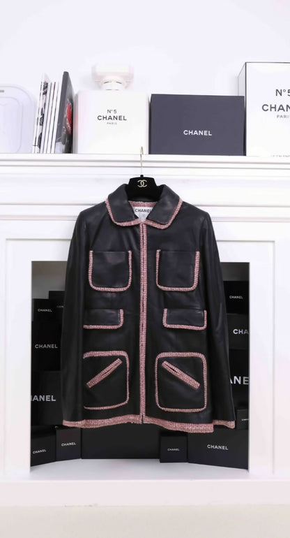 Chanel 2003 black leather and pink tweed jacket