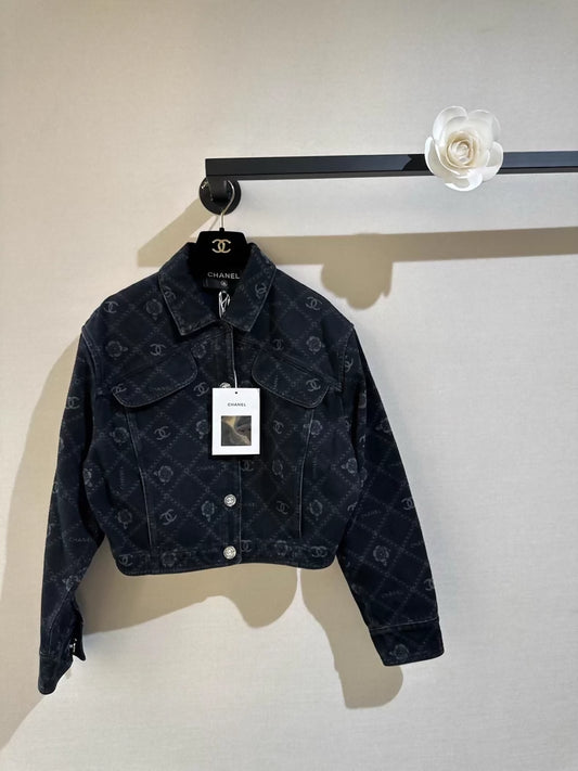 Chanel 23A camellia logo black denim jacket