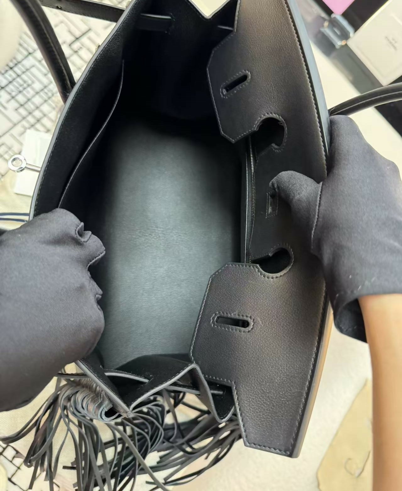 Hermès Birkin 35 Black Evergrain Leather Handbag with Silver Hardware and Fringe Stamp W