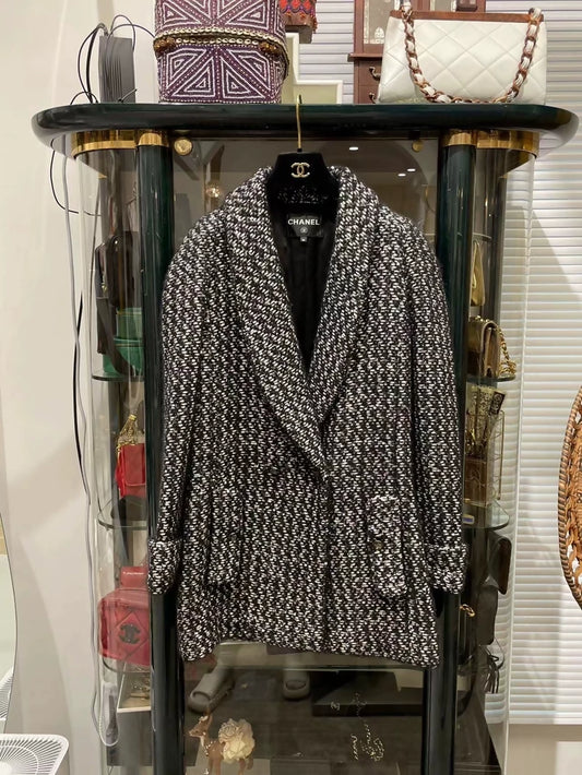 Chanel 21K black and grey tweed coat