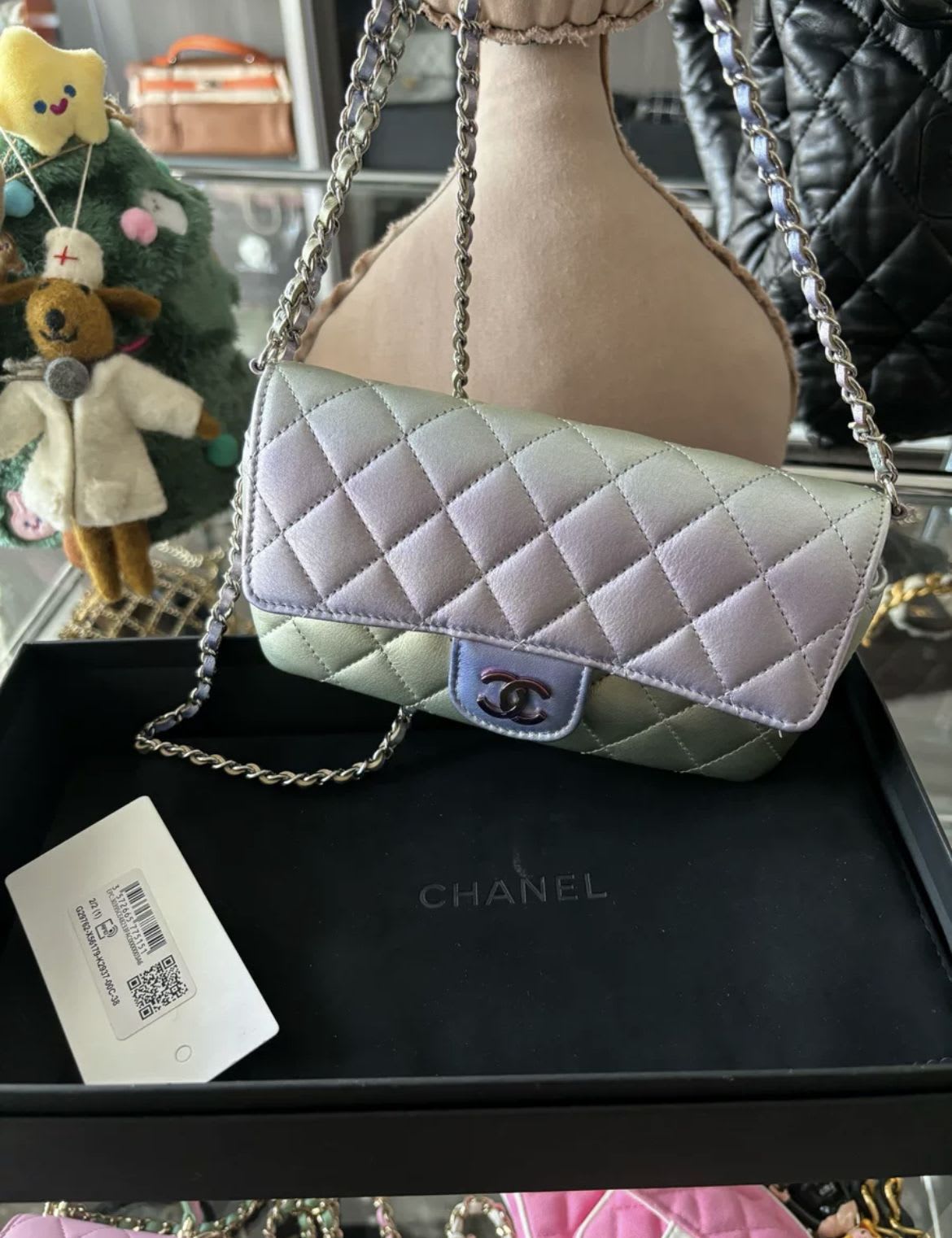 Chanel Gradient Metallic Quilted Lambskin Glasses Case on Chain Iridescent Hardware, 2021