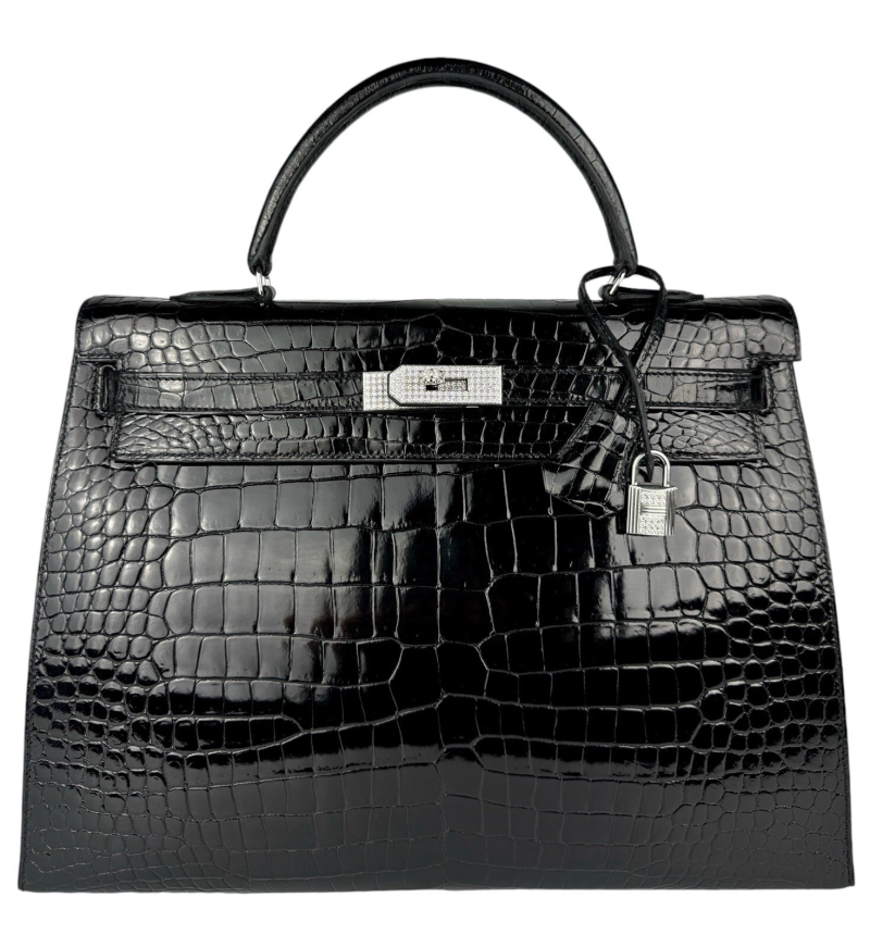 Hermès Black Shiny Porosus Crocodile Kelly 35 18k White Gold and Diamond Hardware