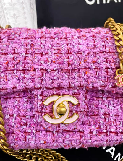 CHANEL 22P SQUARE FLAP BAG TWEED PINK WITH PINK HARDWARE