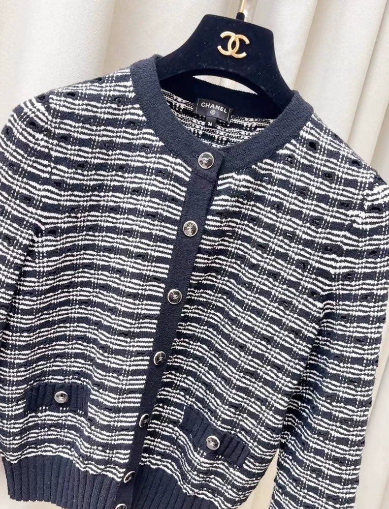 Chanel 25P Black and white striped knit cardigan