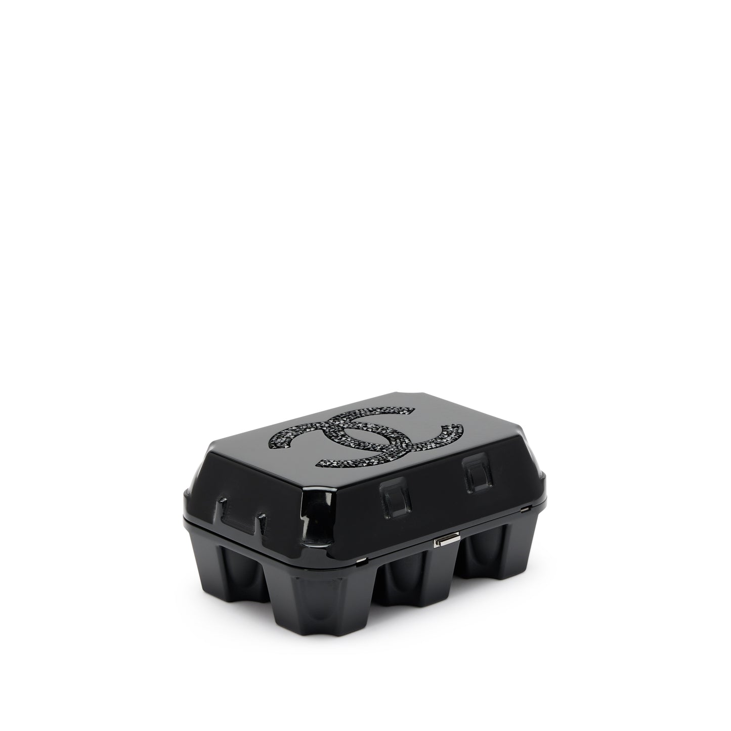 Chanel 2014 Black Plexiglass Supermarket Egg Carton Minaudière Strass CC Jewelry Box Clutch Silver Hardware