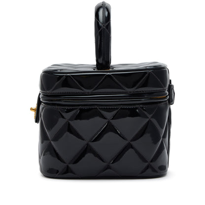 Chanel 1995 Black Quilted Patent Barbie Heart Mirror Vanity Case Bag Gold Hardware