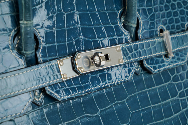 rare Hermes Birkin 30 blue denim crocodile leather palladium hardware