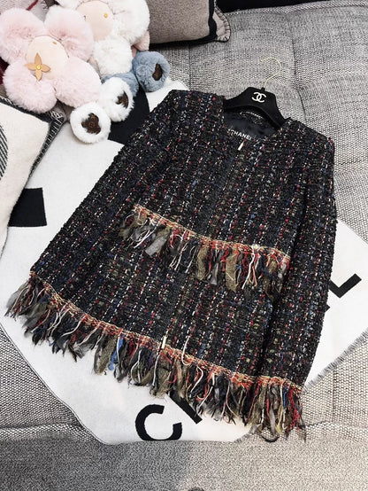 Chanel 2017 black and gold fringed tweed jacket
