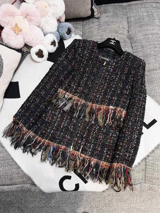 Chanel 2017 black and gold fringed tweed jacket