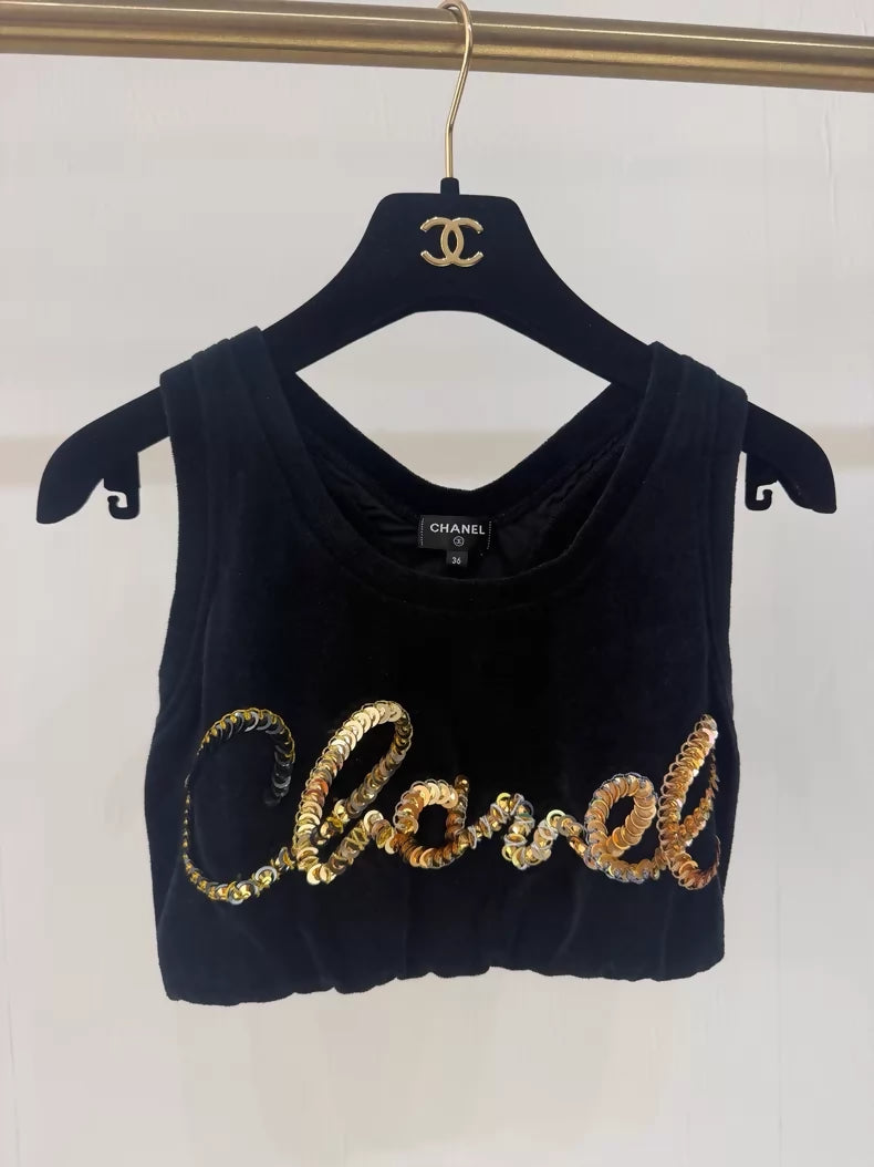 Chanel 22S black sequined velvet cropped top