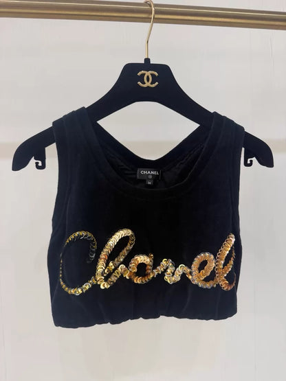 Chanel 22S black sequined velvet cropped top