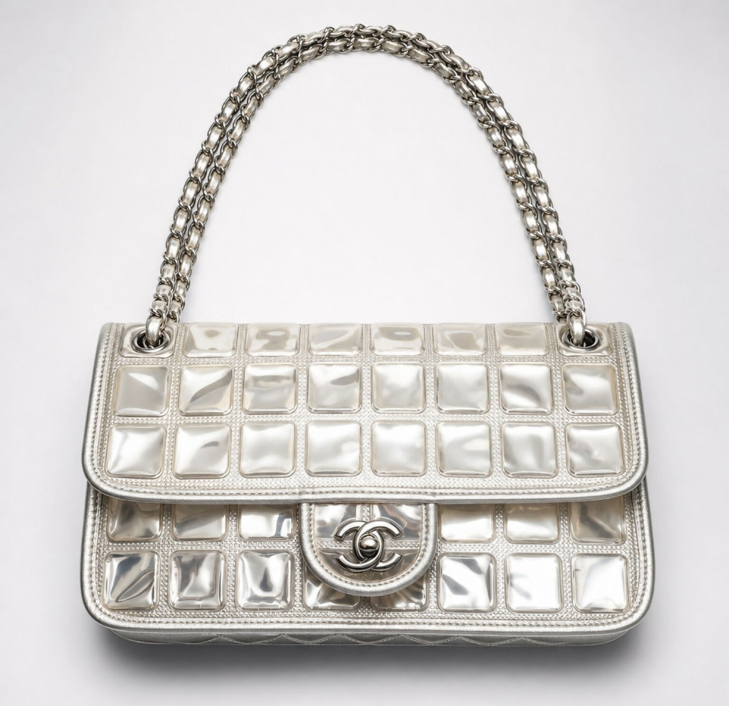 ICONIC Chanel 08C Medium Ice Cube Metallic Silver PVC Calfskin Classic Single Flap Bag