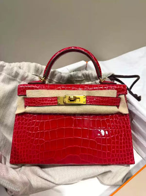 Hermès Mini Kelly II Rouge de Cœur / Ferrari Red Shiny Crocodile with Gold Hardware A Stamp