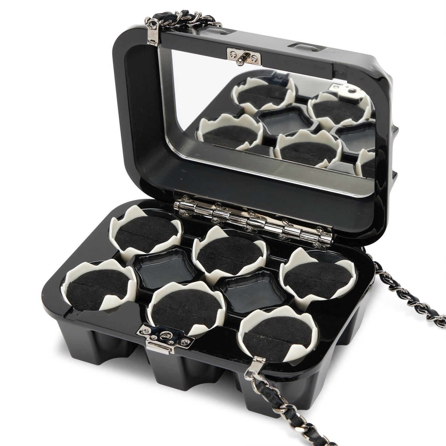 Chanel 2014 Black Plexiglass Supermarket Egg Carton Minaudière Strass CC Jewelry Box Clutch Silver Hardware