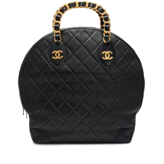 Chanel 1992 Vintage Black Quilted Lambskin Woven Chain Handle Bowler Bag Gold Hardware