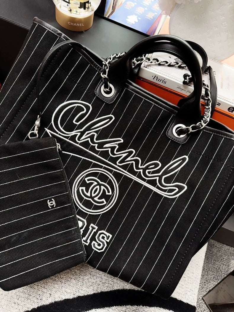 Chanel 23p black and white striped beach bag