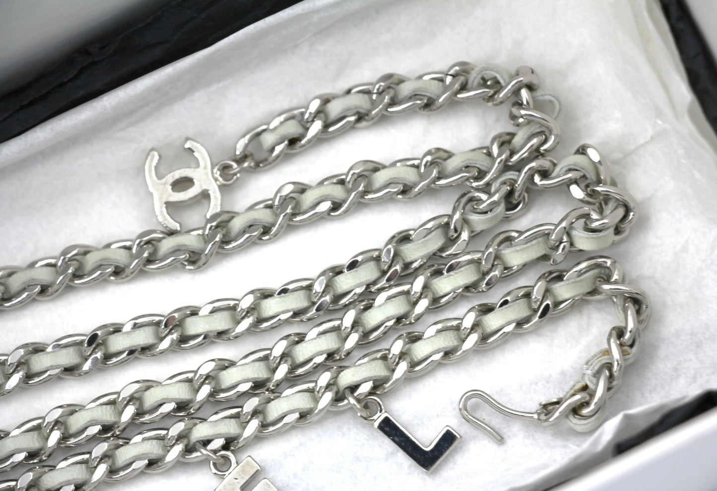 Chanel Vintage 09C Leather-threaded Metal Olive Green and Silver Waist Chain L91
