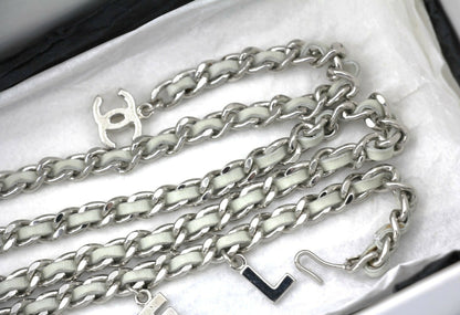 Chanel Vintage 09C Leather-threaded Metal Olive Green and Silver Waist Chain L91