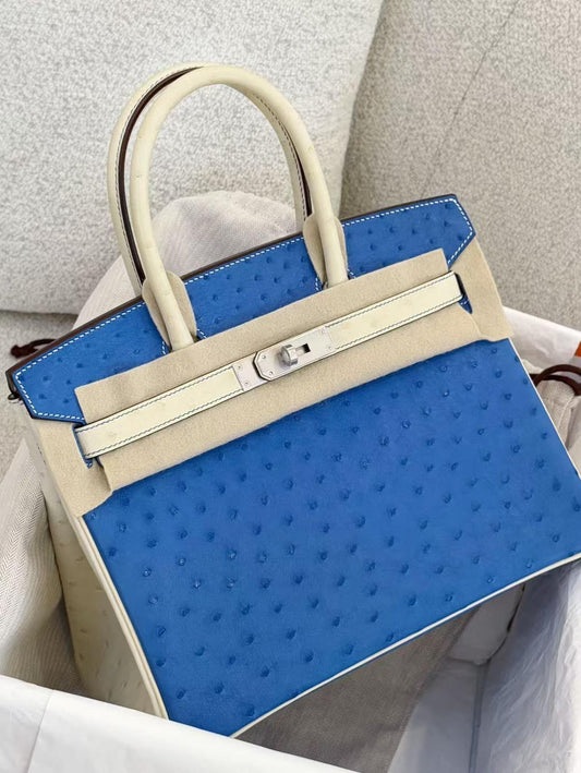Hermes Birkin 30 Bleuet / Beton Ostrich Brushed paladium hardware