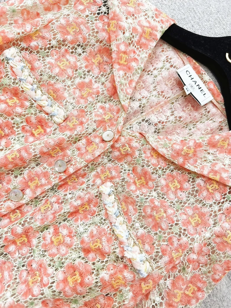 Chanel 25P Orange Camellia Lace All-over CC Cardigan