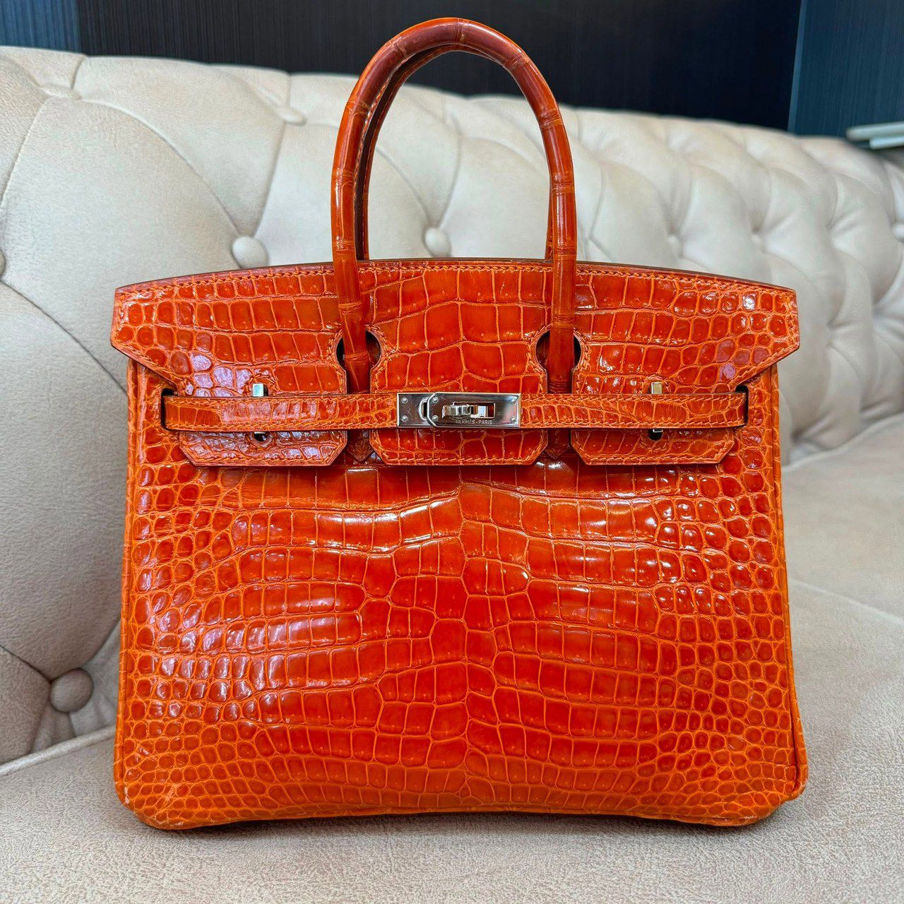 Hermes Birkin 25 Orange Shiny Alligator Leather Palladium Hardware