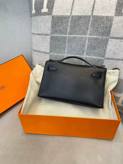 Hermes Kelly pochette black swift leather palladium hardware
