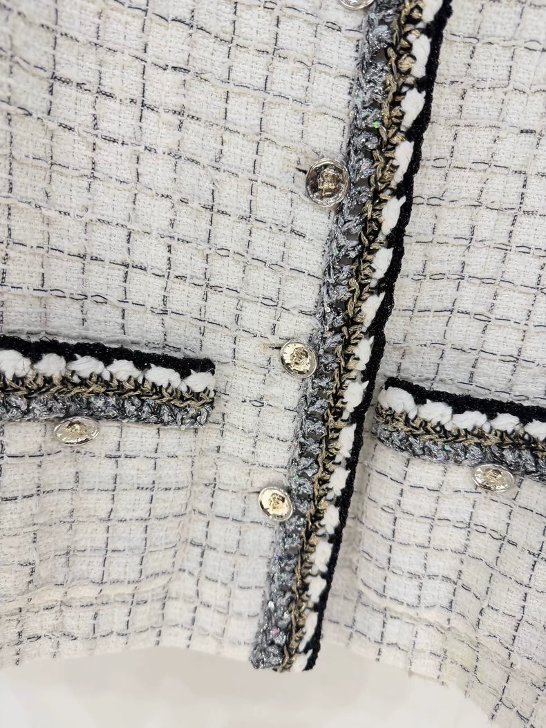 Chanel 25S Black and White Check Trim Tweed Coat