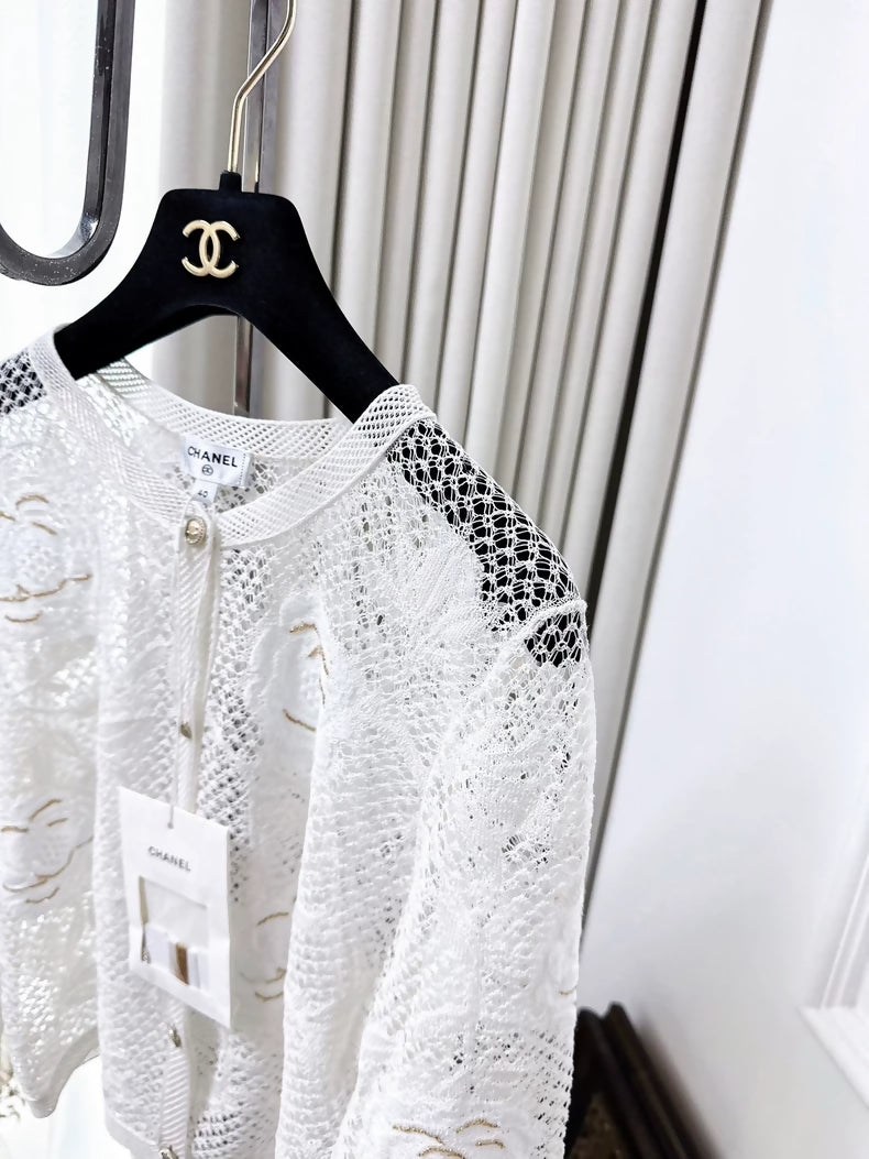 CHANEL 26C  White Openwork Knit Camellia Gold Thread Cardigan