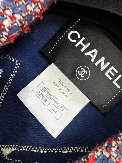 Chanel 16P navy blue satin jacket with burgundy tweed pockets