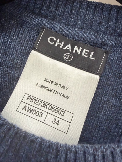 Chanel 15P Navy Blue Cashmere T-Shirt with Bows