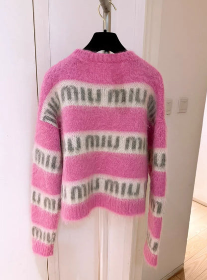 Miu Miu Pink and White Logo Mohair Sweater