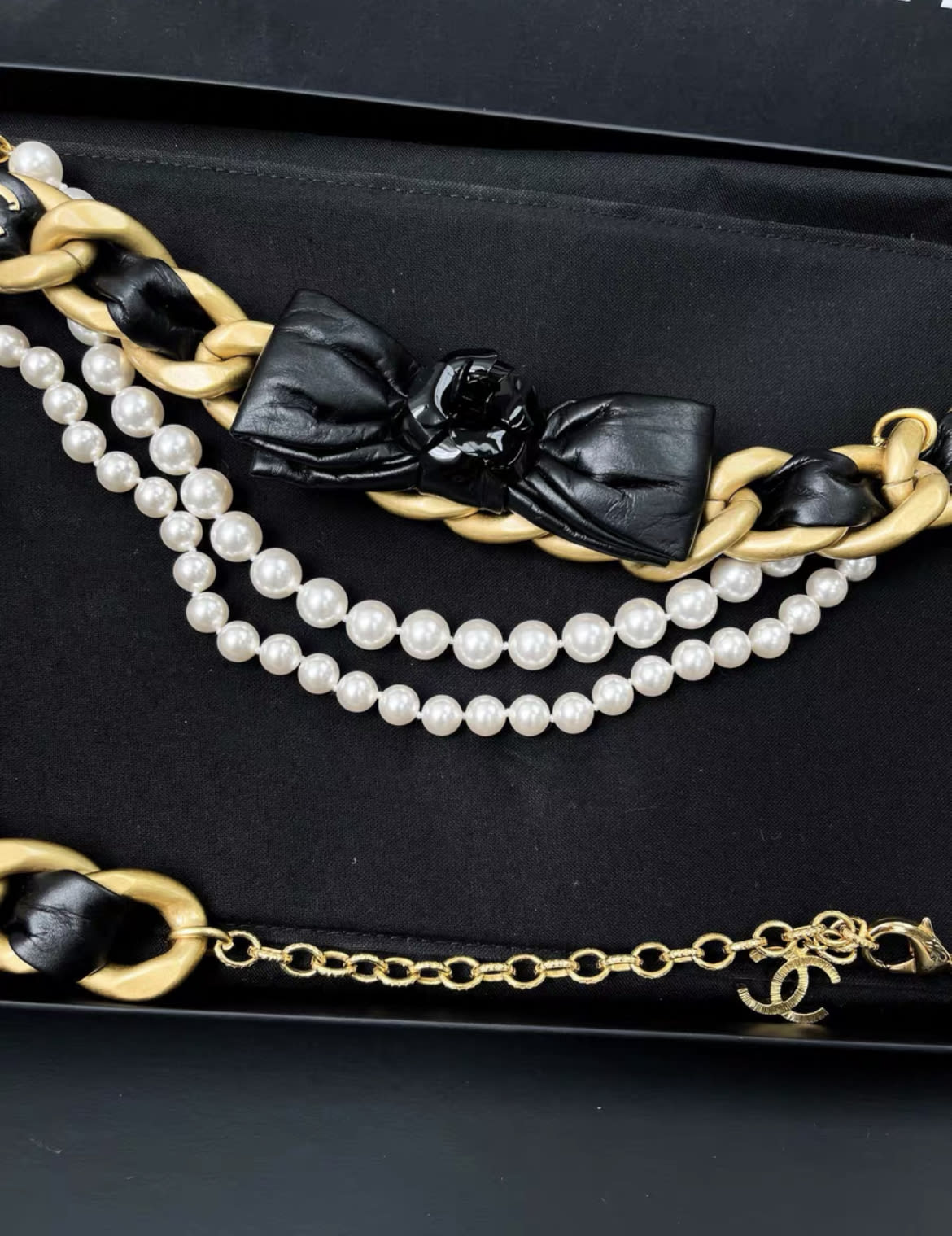 Chanel 20A Gold Leather Chain with Black Bow Pearl Chain Waist