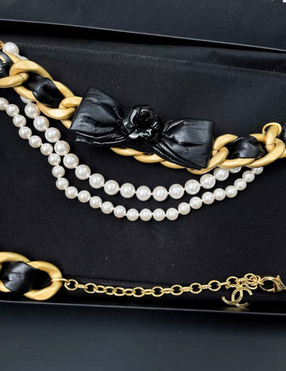 Chanel 20A Gold Leather Chain with Black Bow Pearl Chain Waist Belt