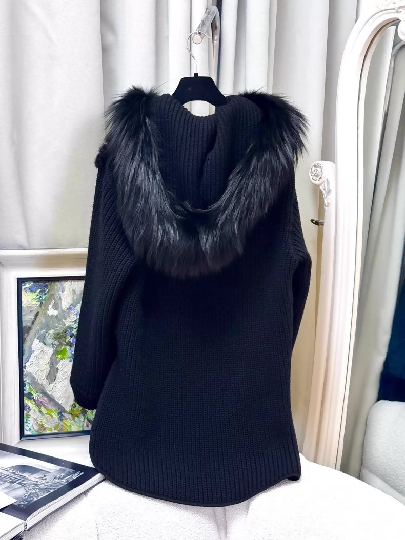 Fendi black fur hooded long winter coat