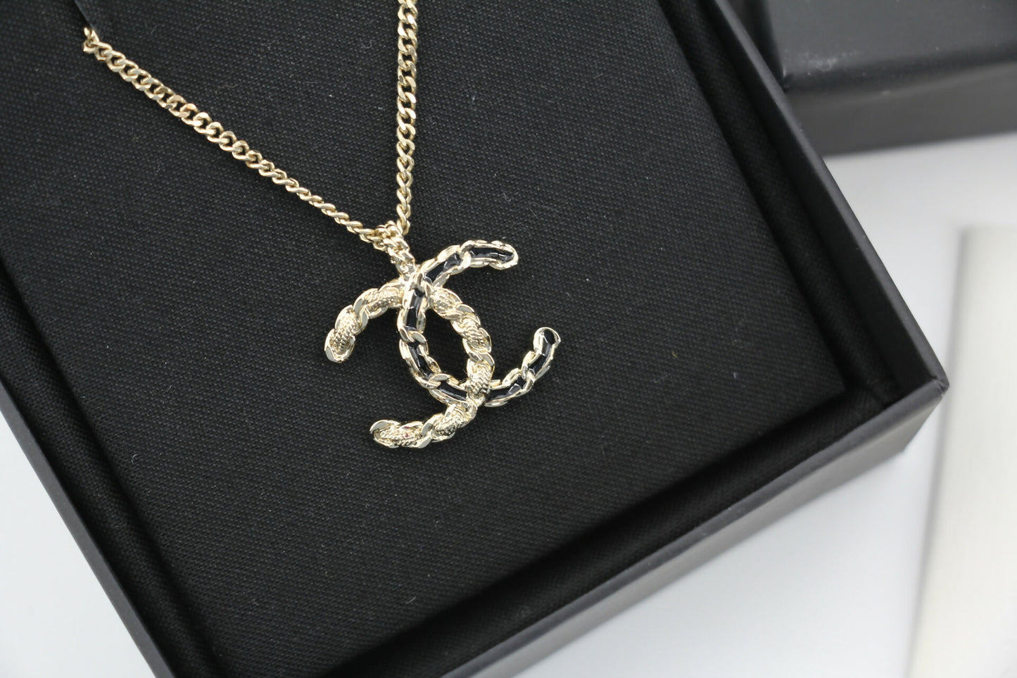 Chanel A20S Leather-threaded Metal Black Gold CC Necklace