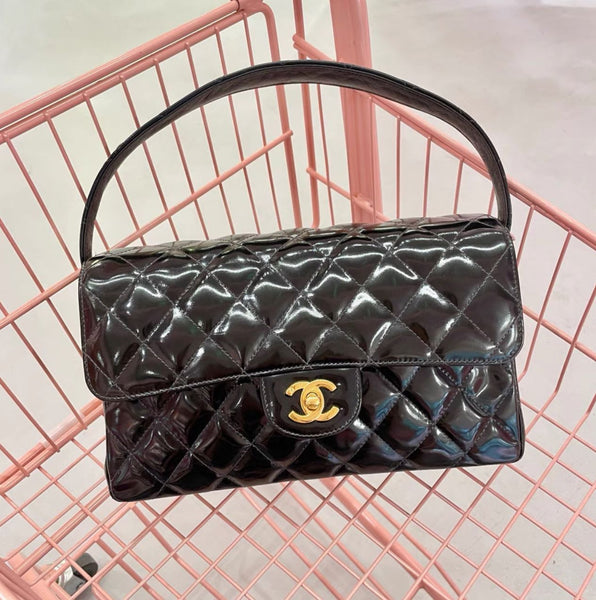 Chanel 1996 Medium Black Top Handle Kelly Medium Flap Bag - Patent