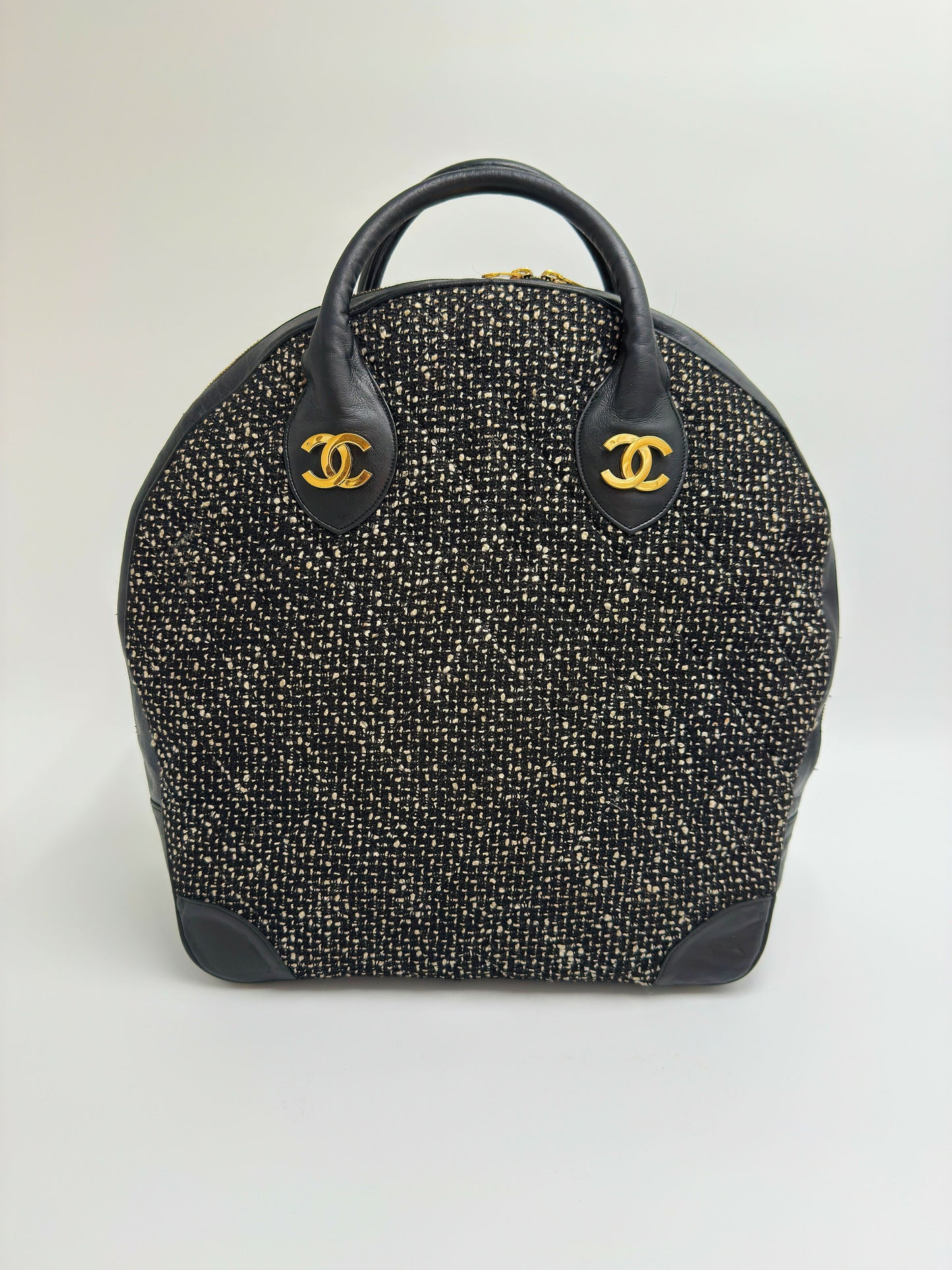 Chanel 1992 Half Moon Top Handle Bag – Black Tweed & Leather with Gold Hardware