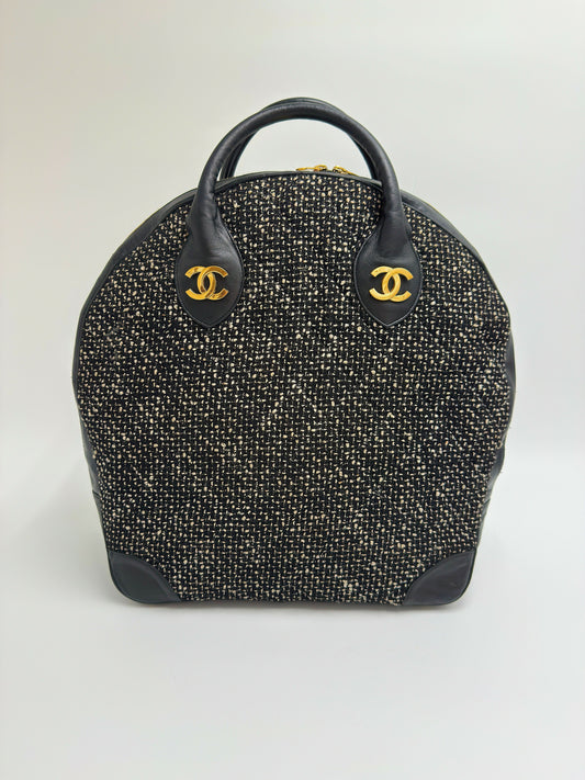 Chanel 1992 Half Moon Top Handle Bag – Black Tweed & Leather with Gold Hardware