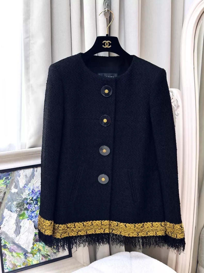 Chanel 17A Black and Gold Sparkling Tassel Tweed Jacket