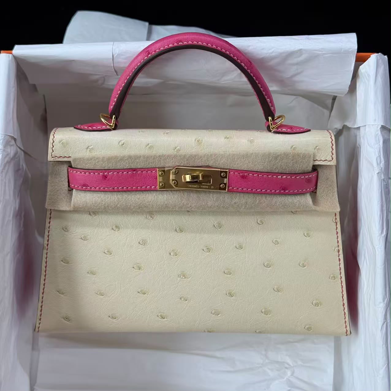 Hermes Mini kelly 20 Parchemin x rose ostrich leather gold