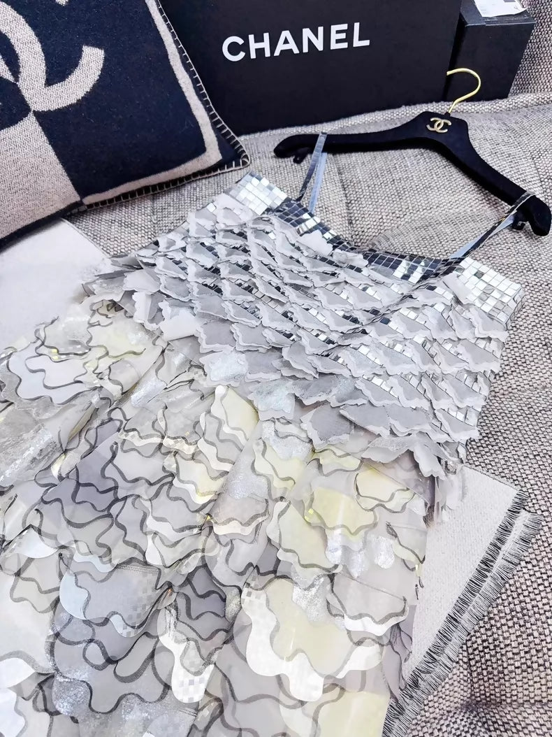 Chanel 16C silver-white gradient lace dress