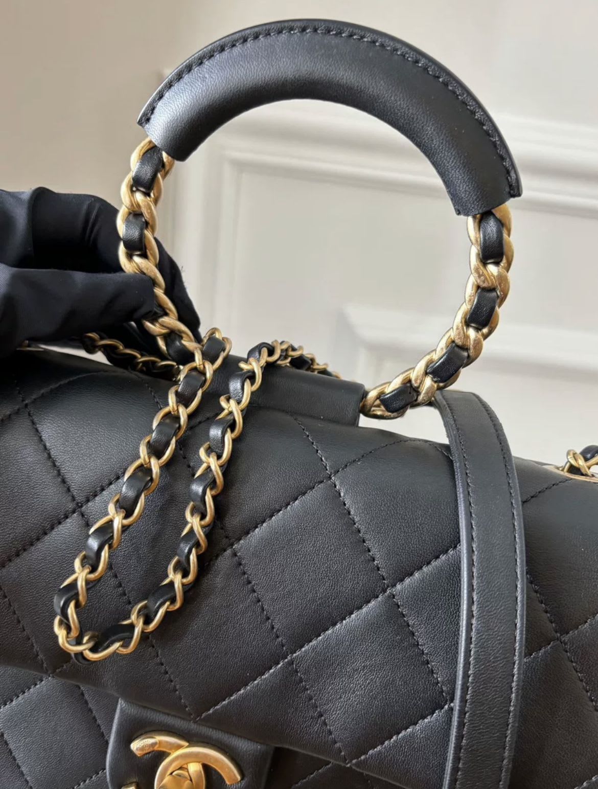 Chanel Circular Handle Flap Bag Black Lambskin Aged Gold Hardware