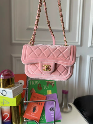 Chanel 22c Peach Pink Velvet Mini Flap Bag