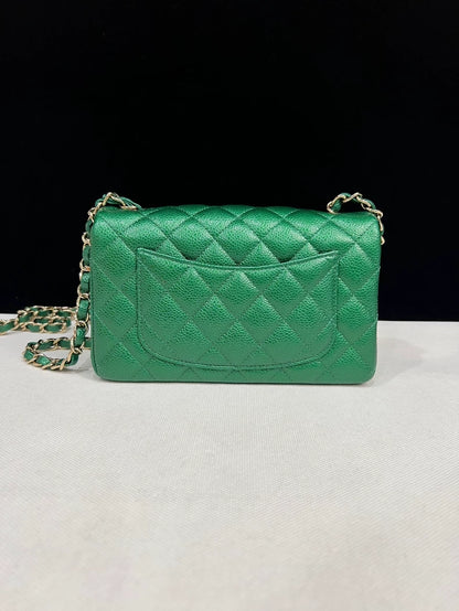 CHANEL Emerald Green Lychee Pattern Large Mini Flap Bag